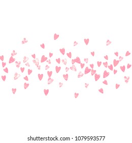 Wedding glitter confetti with hearts on isolated back. Random falling sequins with glossy sparkles. Design with pink wedding glitter for greeting card, bridal shower and save the date invite.
