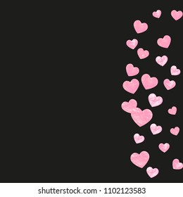 Wedding glitter confetti with hearts on isolated back. Random falling sequins with glossy sparkles. Design with pink wedding glitter for party invitation, event banner, flyer, birthday card.