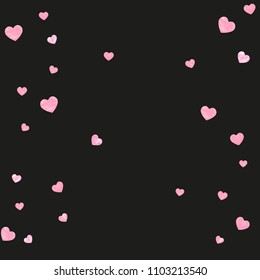 Wedding glitter confetti with hearts on isolated back. Shiny random falling sequins with sparkles. Design with pink wedding glitter for party invitation, banner, greeting card, bridal shower.