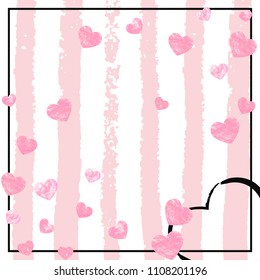Wedding glitter confetti with hearts on pink stripes. Falling sequins with glossy sparkles. Design with pink wedding glitter for greeting card, bridal shower and save the date invite.