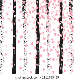 Wedding glitter confetti with hearts on black stripes. Falling sequins with metallic shimmer. Design with pink wedding glitter for party invitation, bridal shower and save the date invite.