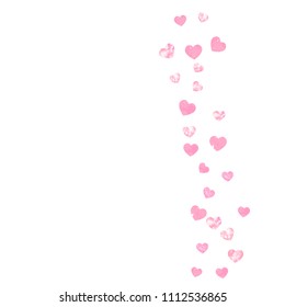 Wedding glitter confetti with hearts on isolated back. Falling sequins with glossy sparkles. Design with pink wedding glitter for party invitation, event banner, flyer, birthday card.