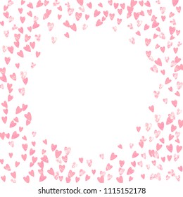 Wedding glitter confetti with hearts on isolated back. Random falling sequins with glossy sparkles. Design with pink wedding glitter for party invitation, event banner, flyer, birthday card.