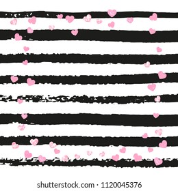 Wedding glitter confetti with hearts on black stripes. Shiny random falling sequins with shimmer. Design with pink wedding glitter for party invitation, event banner, flyer, birthday card.