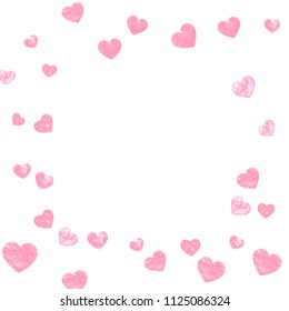Wedding glitter confetti with hearts on isolated back. Shiny random sequins with metallic sparkles. Design with pink wedding glitter for greeting card, bridal shower and save the date invite.