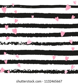 Wedding glitter confetti with hearts on black stripes. Random falling sequins with metallic shimmer. Design with pink wedding glitter for greeting card, bridal shower and save the date invite.
