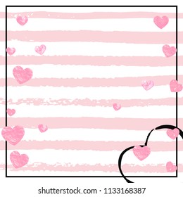 Wedding glitter confetti with hearts on pink stripes. Falling sequins with glossy sparkles. Design with pink wedding glitter for party invitation, banner, greeting card, bridal shower.