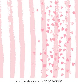 Wedding glitter confetti with hearts on pink stripes. Shiny random falling sequins with shimmer. Design with pink wedding glitter for party invitation, bridal shower and save the date invite.