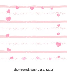 Wedding glitter confetti with hearts on pink stripes. Shiny random falling sequins with shimmer. Design with pink wedding glitter for greeting card, bridal shower and save the date invite.