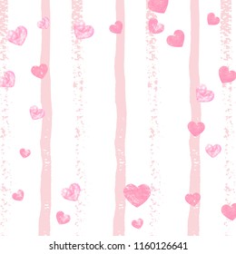 Wedding glitter confetti with hearts on pink stripes. Falling sequins with metallic shimmer. Design with pink wedding glitter for greeting card, bridal shower and save the date invite.