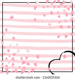 Wedding glitter confetti with hearts on pink stripes. Shiny random sequins with metallic sparkles. Design with pink wedding glitter for greeting card, bridal shower and save the date invite.