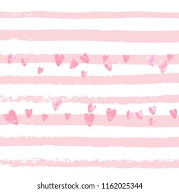 Wedding glitter confetti with hearts on pink stripes. Shiny random falling sequins with shimmer. Design with pink wedding glitter for greeting card, bridal shower and save the date invite.