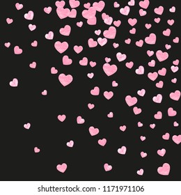 Wedding glitter confetti with hearts on isolated back. Random falling sequins with glossy sparkles. Design with pink wedding glitter for greeting card, bridal shower and save the date invite.