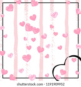 Wedding glitter confetti with hearts on pink stripes. Shiny random falling sequins with sparkles. Design with pink wedding glitter for party invitation, event banner, flyer, birthday card.