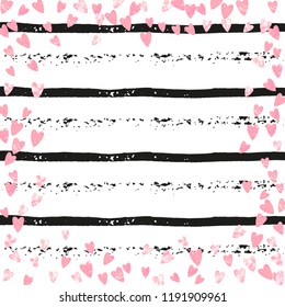 Wedding glitter confetti with hearts on black stripes. Sequins with metallic shimmer and sparkles. Design with pink wedding glitter for party invitation, event banner, flyer, birthday card.