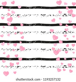 Wedding glitter confetti with hearts on black stripes. Falling sequins with metallic shimmer. Design with pink wedding glitter for party invitation, event banner, flyer, birthday card.