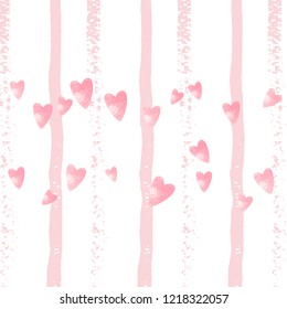 Wedding glitter confetti with hearts on pink stripes. Shiny random falling sequins with sparkles. Design with pink wedding glitter for party invitation, bridal shower and save the date invite.