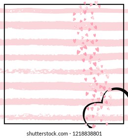 Wedding glitter confetti with hearts on pink stripes. Sequins with metallic shimmer and sparkles. Design with pink wedding glitter for party invitation, banner, greeting card, bridal shower.