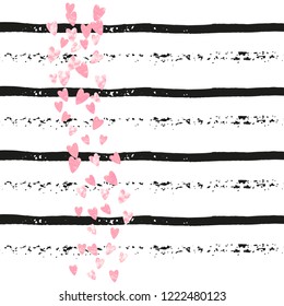 Wedding glitter confetti with hearts on black stripes. Sequins with metallic shimmer and sparkles. Design with pink wedding glitter for party invitation, event banner, flyer, birthday card.