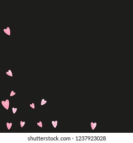 Wedding glitter confetti with hearts on isolated back. Falling sequins with shimmer and sparkles. Design with pink wedding glitter for party invitation, event banner, flyer, birthday card.