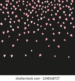 Wedding glitter confetti with hearts on isolated back. Shiny random falling sequins with shimmer. Design with pink wedding glitter for party invitation, banner, greeting card, bridal shower.