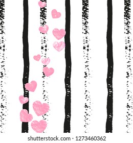 Wedding glitter confetti with hearts on black stripes. Falling sequins with glossy sparkles. Design with pink wedding glitter for party invitation, banner, greeting card, bridal shower.