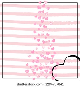 Wedding glitter confetti with hearts on pink stripes. Falling sequins with metallic shimmer. Design with pink wedding glitter for party invitation, event banner, flyer, birthday card.