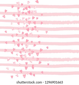 Wedding glitter confetti with hearts on pink stripes. Shiny random sequins with metallic sparkles. Design with pink wedding glitter for greeting card, bridal shower and save the date invite.