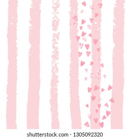 Wedding glitter confetti with hearts on pink stripes. Shiny falling sequins with shimmer and sparkles. Design with pink wedding glitter for party invitation, event banner, flyer, birthday card.