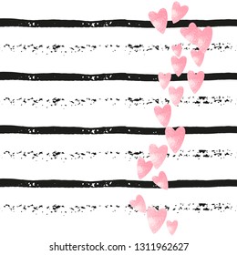 Wedding glitter confetti with hearts on black stripes. Shiny random sequins with metallic sparkles. Design with pink wedding glitter for party invitation, banner, greeting card, bridal shower.