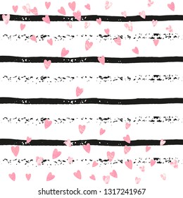 Wedding glitter confetti with hearts on black stripes. Random falling sequins with glossy sparkles. Design with pink wedding glitter for greeting card, bridal shower and save the date invite.