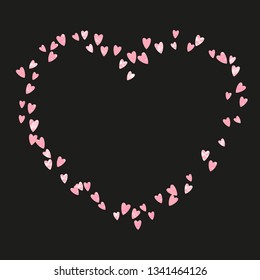 Wedding glitter confetti with hearts on isolated back. Falling sequins with metallic shimmer. Design with pink wedding glitter for greeting card, bridal shower and save the date invite.