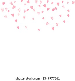 Wedding glitter confetti with hearts on isolated back. Shiny random falling sequins with sparkles. Design with pink wedding glitter for party invitation, banner, greeting card, bridal shower.