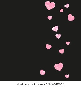 Wedding glitter confetti with hearts on isolated back. Shiny falling sequins with shimmer and sparkles. Design with pink wedding glitter for party invitation, bridal shower and save the date invite.