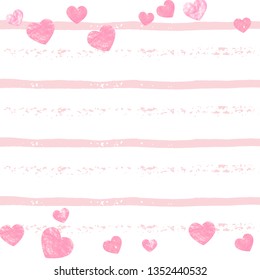 Wedding glitter confetti with hearts on pink stripes. Falling sequins with metallic shimmer. Design with pink wedding glitter for greeting card, bridal shower and save the date invite.