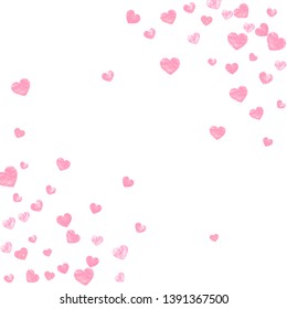 Wedding glitter confetti with hearts on isolated back. Shiny falling sequins with shimmer and sparkles. Design with pink wedding glitter for greeting card, bridal shower and save the date invite.