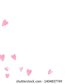 Wedding glitter confetti with hearts on isolated back. Random falling sequins with metallic shimmer. Design with pink wedding glitter for party invitation, bridal shower and save the date invite.