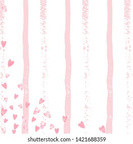 Wedding glitter confetti with hearts on pink stripes. Shiny random sequins with metallic sparkles. Design with pink wedding glitter for party invitation, banner, greeting card, bridal shower.