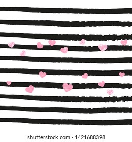 Wedding glitter confetti with hearts on black stripes. Falling sequins with metallic shimmer. Design with pink wedding glitter for party invitation, event banner, flyer, birthday card.