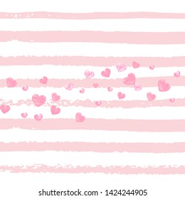 Wedding glitter confetti with hearts on pink stripes. Shiny random falling sequins with sparkles. Design with pink wedding glitter for greeting card, bridal shower and save the date invite.