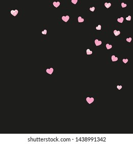Wedding glitter confetti with hearts on isolated back. Falling sequins with glossy sparkles. Design with pink wedding glitter for party invitation, banner, greeting card, bridal shower.