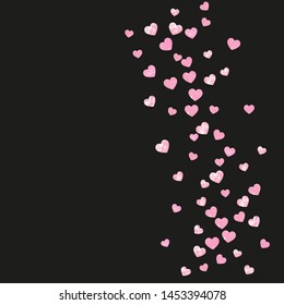 Wedding glitter confetti with hearts on isolated back. Shiny random sequins with metallic sparkles. Design with pink wedding glitter for greeting card, bridal shower and save the date invite.