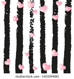 Wedding glitter confetti with hearts on black stripes. Falling sequins with glossy sparkles. Design with pink wedding glitter for party invitation, bridal shower and save the date invite.