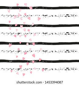 Wedding glitter confetti with hearts on black stripes. Random falling sequins with metallic shimmer. Design with pink wedding glitter for greeting card, bridal shower and save the date invite.