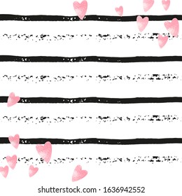 Wedding glitter confetti with hearts on black stripes. Falling sequins with glossy sparkles. Design with pink wedding glitter for party invitation, bridal shower and save the date invite.