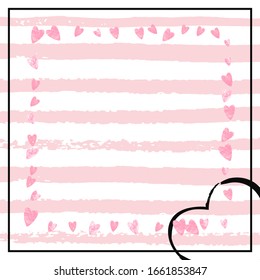 Wedding glitter confetti with hearts on pink stripes. Shiny random falling sequins with shimmer. Design with pink wedding glitter for greeting card, bridal shower and save the date invite.