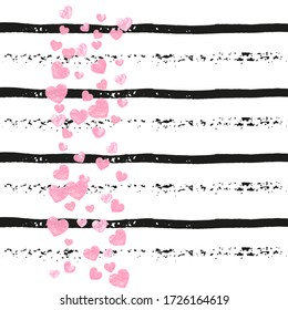 Wedding glitter confetti with hearts on black stripes. Random falling sequins with glossy sparkles. Design with pink wedding glitter for greeting card, bridal shower and save the date invite.
