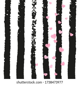Wedding glitter confetti with hearts on black stripes. Sequins with metallic shimmer and sparkles. Design with pink wedding glitter for party invitation, bridal shower and save the date invite.