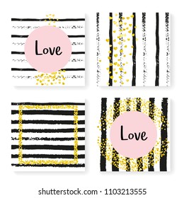 Wedding glitter confetti on stripes. Invitation set. Gold hearts and dots on black and white background. Design with wedding glitter for party, event, bridal shower, save the date card.