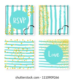 Wedding glitter confetti on stripes. Invitation set. Gold hearts and dots on mint and white background. Design with wedding glitter for party, event, bridal shower, save the date card.